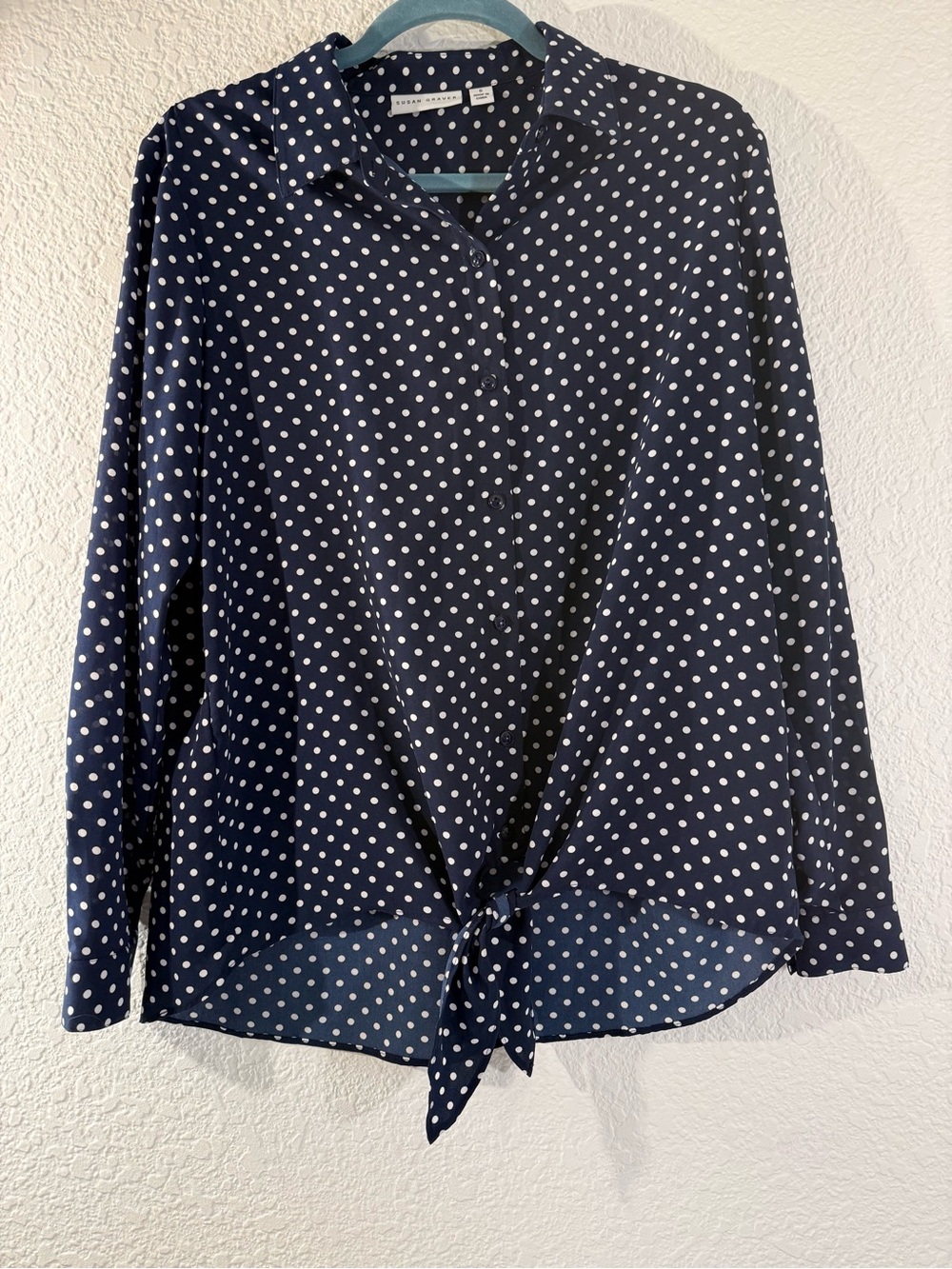 Susan Graver Navy Blue White Polka Dot Tie Front Button Down Blouse Shirt Size 6
